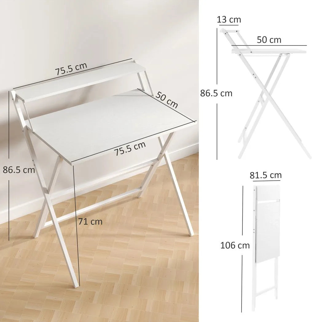 HOMCOM 81.5cm Folding Computer Desk with Monitor Shelf – Space-Saving Home Office Table, White