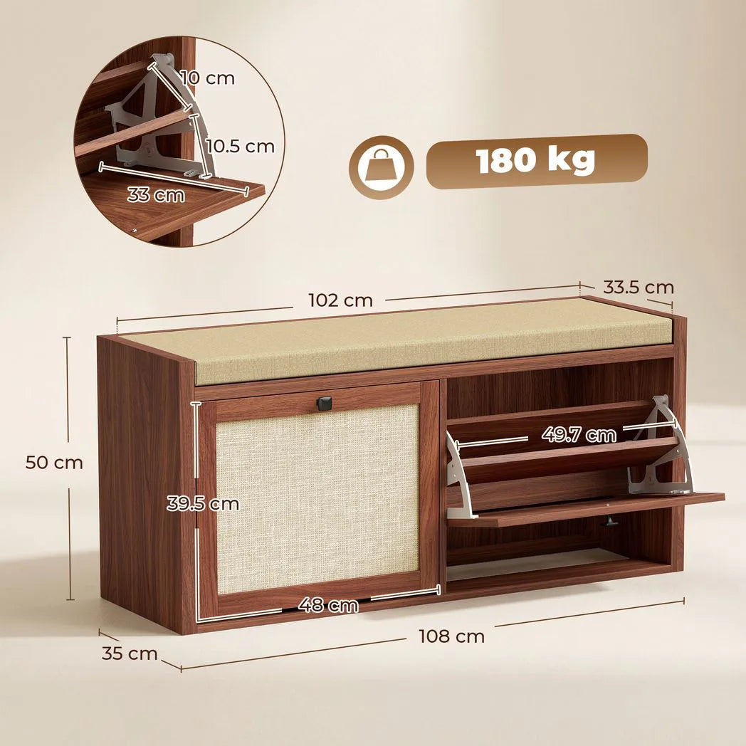 HOMCOM Rattan Shoe Bench with Padded Cushion and 2 Storage Cabinets – Brown, 108 cm