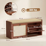 HOMCOM Rattan Shoe Bench with Padded Cushion and 2 Storage Cabinets – Brown, 108 cm