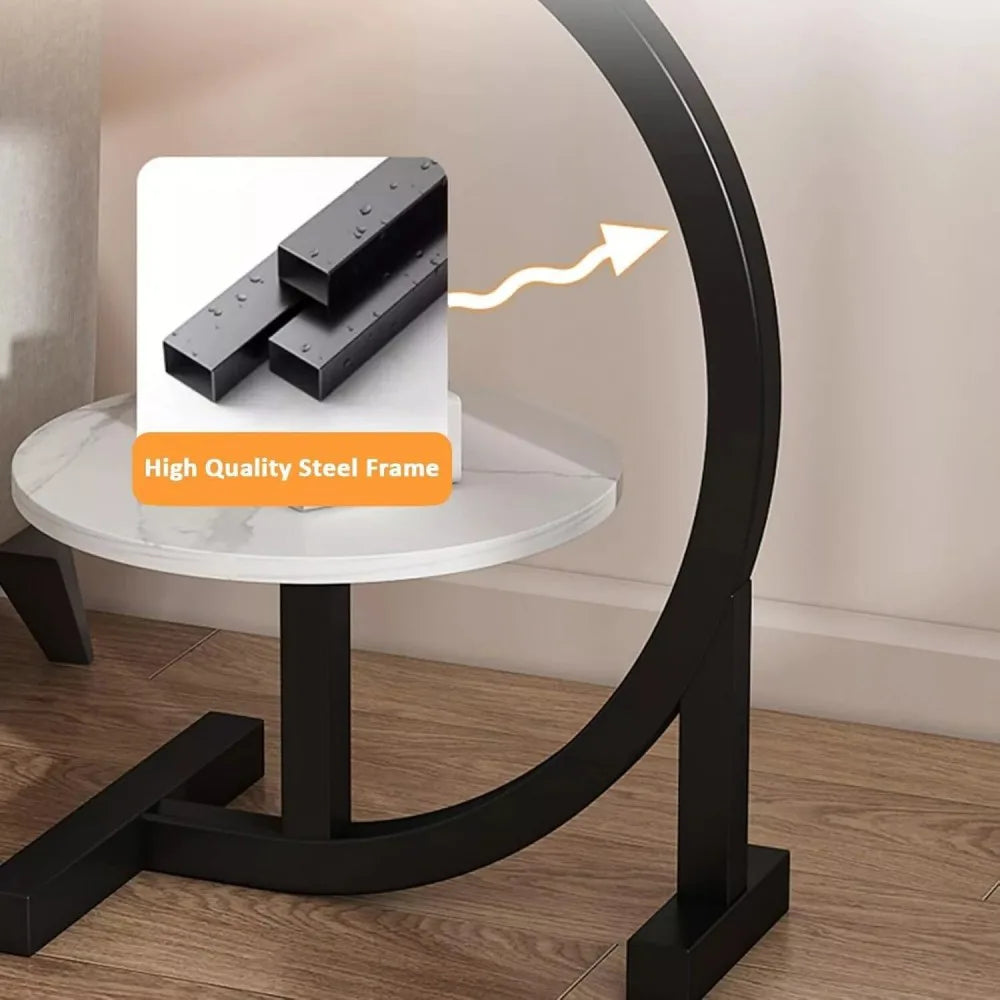 C-Shaped Side Table with Wood-Grain Top and Iron Legs – Slide-Under Sofa and Bedside Table, Walnut