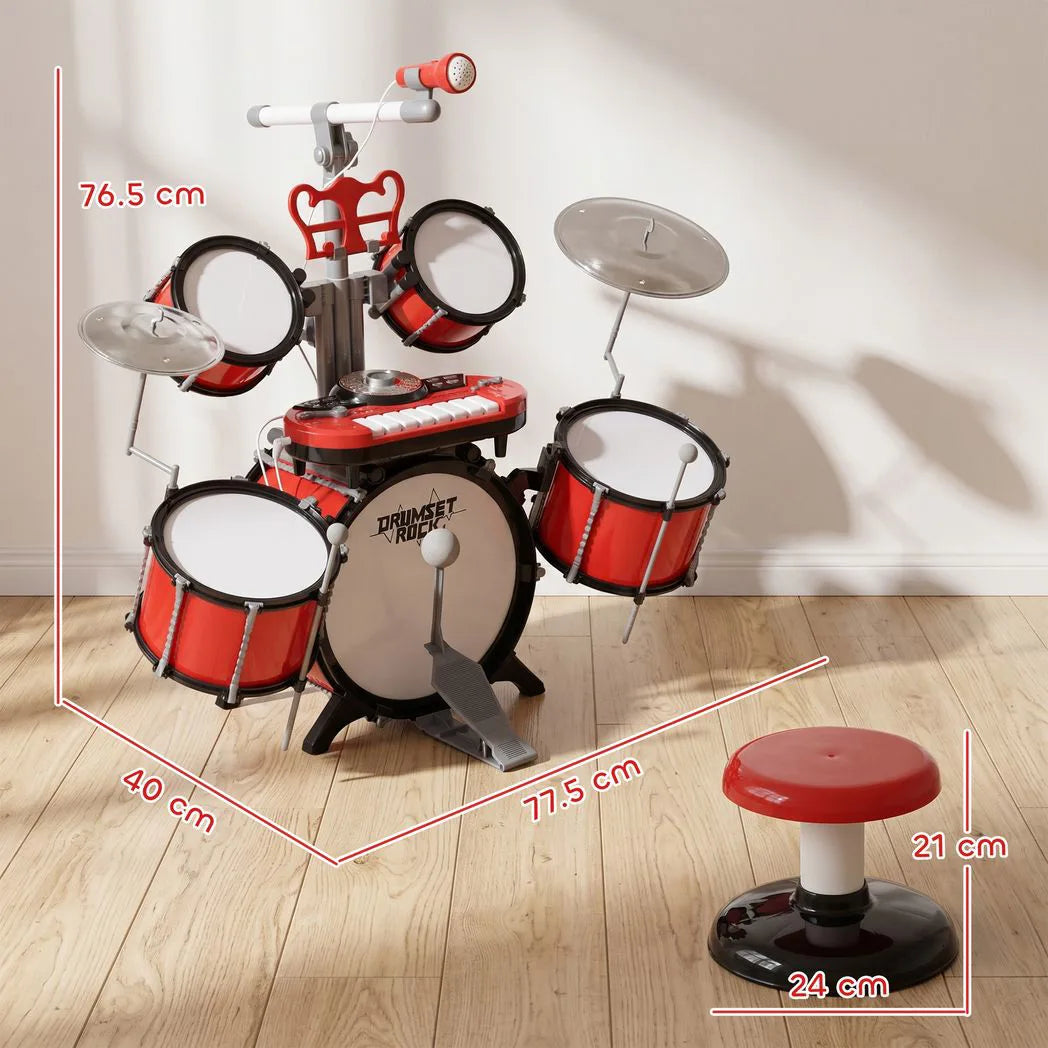 HOMCOM Kids Drum Set with Toy Microphone, Keyboard, Cymbals, Pedal & Stool – Educational Musical Toy for Beginners, Red