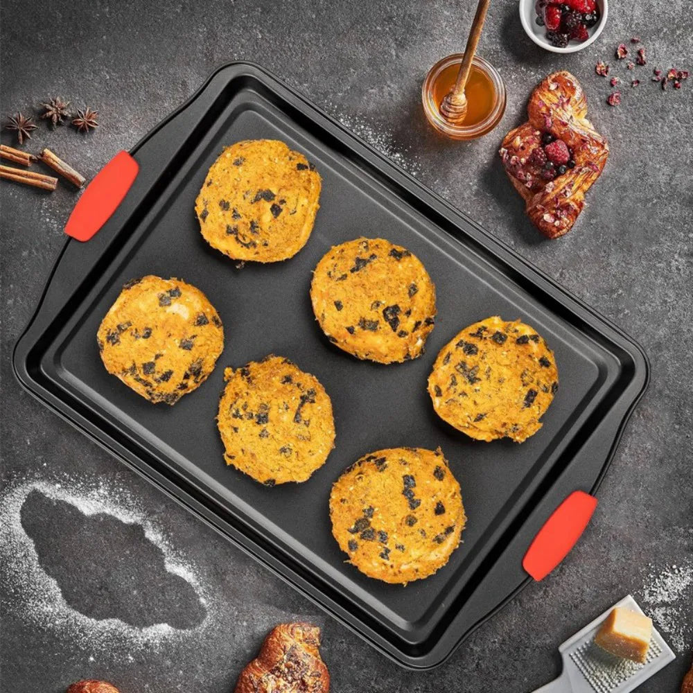 5 Piece Non-Stick Carbon Steel Baking Tray Set with Silicone Handles, Spatula and Brush – Oven Roasting Pans