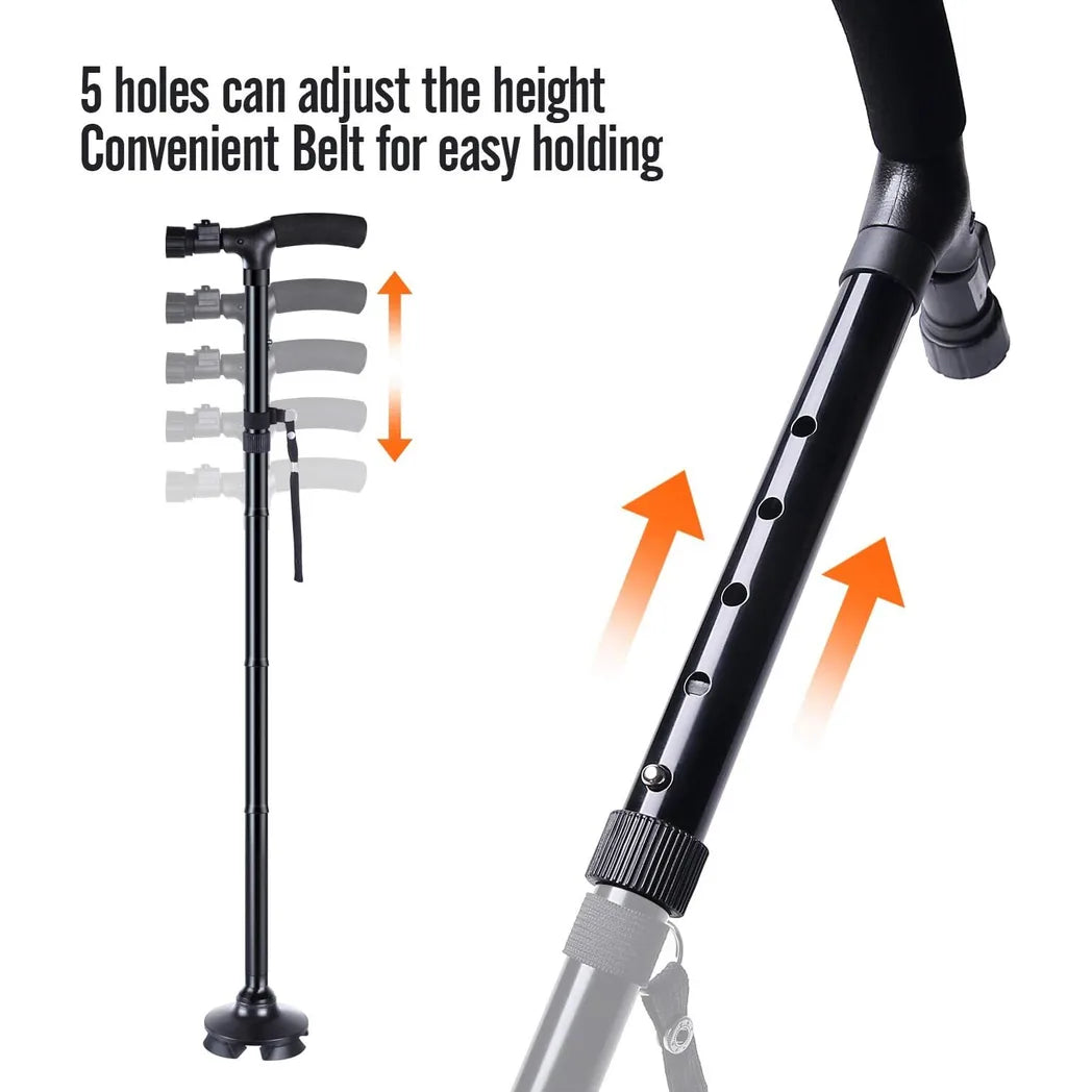 Folding Walking Stick with LED Light, 5 Adjustable Heights & Pivot Base – Hiking & Travel Cane, Black
