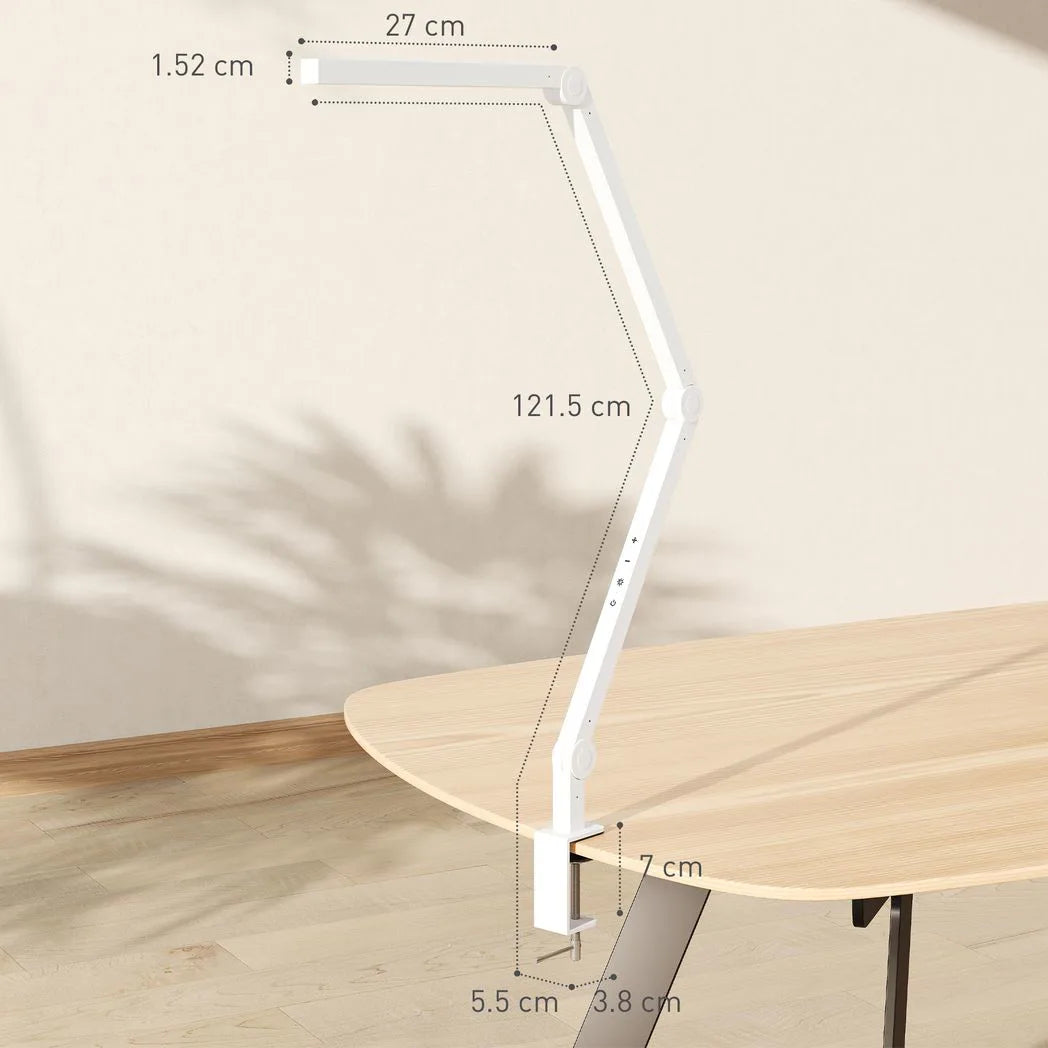 HOMCOM LED Desk Lamp with Clamp & Swing Arm, 2 Colour Modes, 5 Brightness Levels – Study Task Light, White