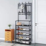 Metal Coat and Hat Stand with 8 Hooks & 5-Tier Shoe Rack, 60 x 26 x 170cm, Black