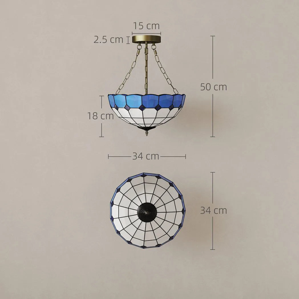 HOMCOM Tiffany Style Semi Flush Ceiling Light with 3 E27 Sockets – Vintage Stained Glass Chandelier for Living Room