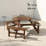 Outsunny 6 Seater Wooden Round Picnic Table with Matching Benches & Parasol Hole, Carbonised Finish