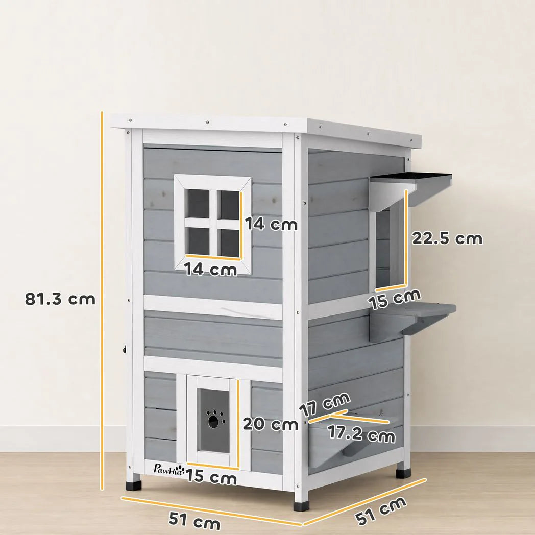 PawHut Wooden 2-Floor Outdoor Cat House with 3 Doors, Window and Asphalt Roof – Kitten Shelter, Grey