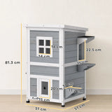 PawHut Wooden 2-Floor Outdoor Cat House with 3 Doors, Window and Asphalt Roof – Kitten Shelter, Grey