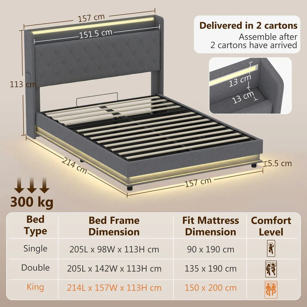 HOMCOM 5ft King Bed Frame with Hydraulic Storage, LED Lights and Charging Station – Ottoman Bed, Grey