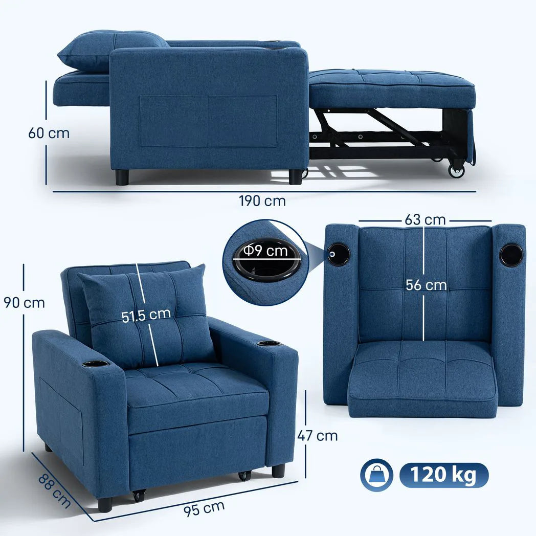 HOMCOM 3-in-1 Single Sofa Bed with Pull-Out Design, Cup Holders & Side Pockets – Convertible Chair Bed, Dark Blue