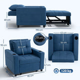 HOMCOM 3-in-1 Single Sofa Bed with Pull-Out Design, Cup Holders & Side Pockets – Convertible Chair Bed, Dark Blue