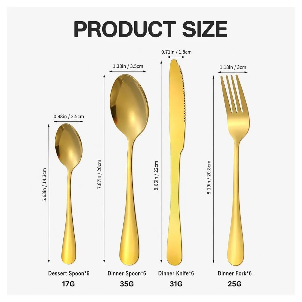30 Piece Stainless Steel Cutlery Set for 6, Gold – Knives, Forks, Spoons, Teaspoons and Salad Forks