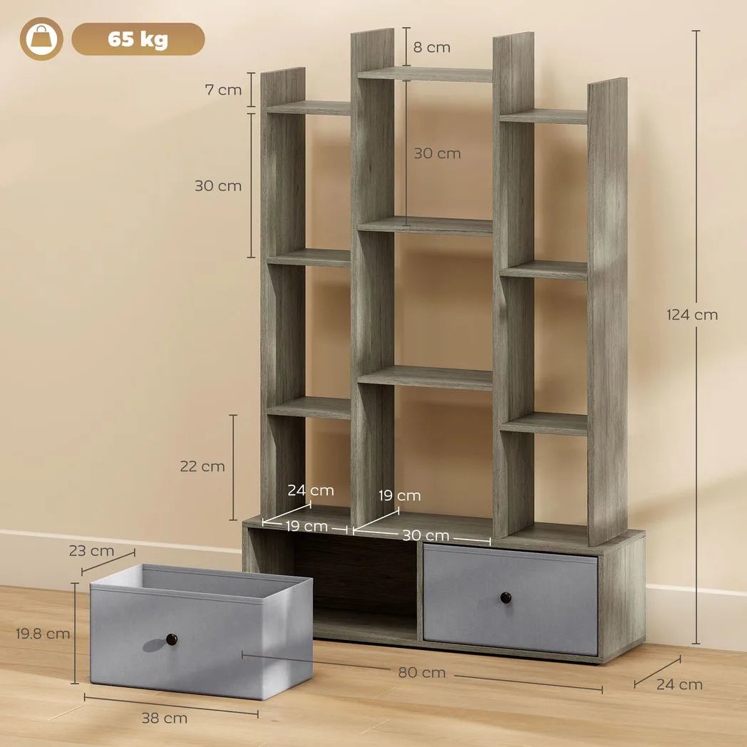 HOMCOM 12-Cube Storage Shelf Unit with 2 Removable Drawers – Bookcase for Living Room & Study, Graphite