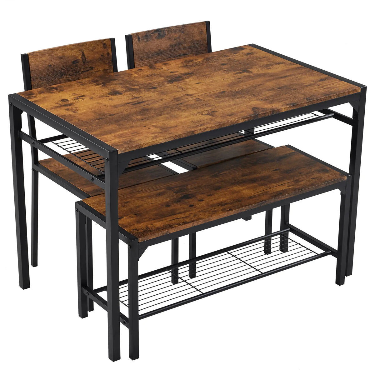 Rustic Brown 4 Piece Dining Table Set with 2 Chairs and Bench – Space-Saving Kitchen Table, Storage Shelves