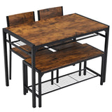 Rustic Brown 4 Piece Dining Table Set with 2 Chairs and Bench – Space-Saving Kitchen Table, Storage Shelves
