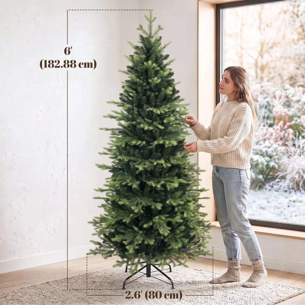 HOMCOM Geneva Fir 6ft Artificial Christmas Tree – Hinged, 1610 Branch Tips, Flame Retardant, Foldable Steel Stand, Green
