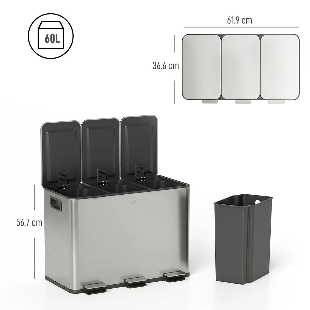 HOMCOM 3 x 20L Pedal Bin with Soft Close Lid, Removable Inner Buckets – Stainless Steel Triple Kitchen Bin, Silver Tone
