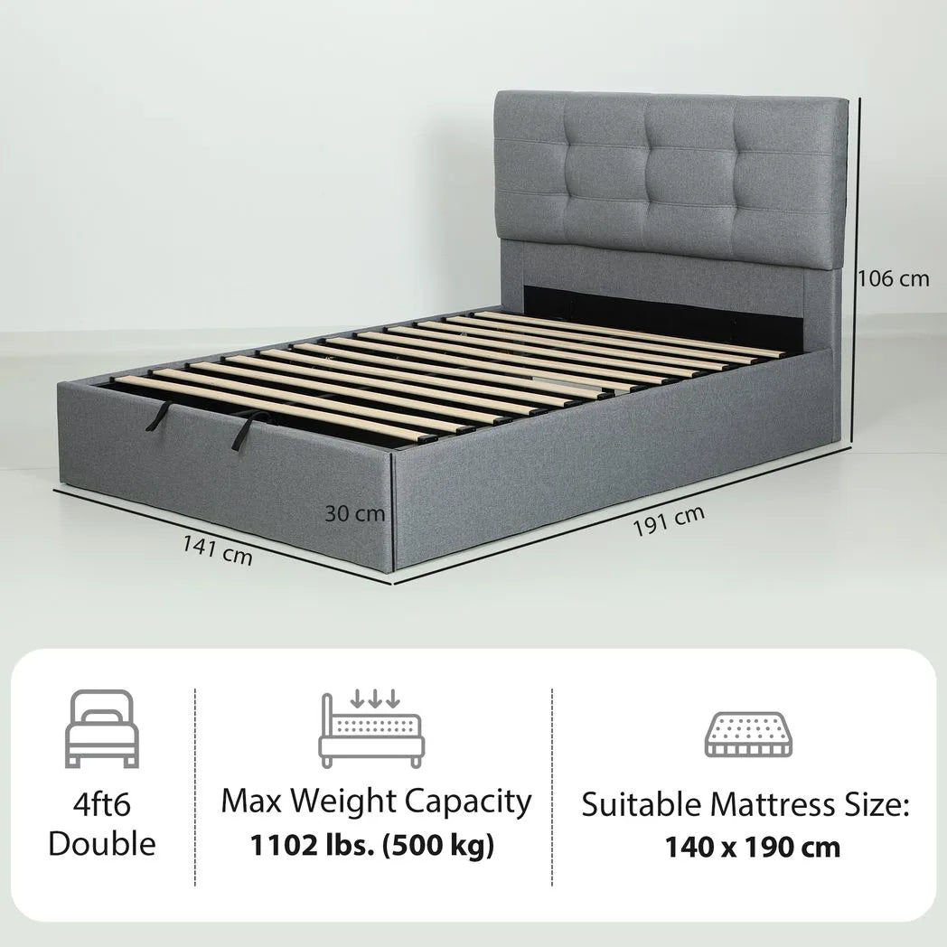 HOMCOM 4ft6 Double Ottoman Bed with Gas Lift Storage and Tufted Headboard – Linen-Look Bed Frame, Grey