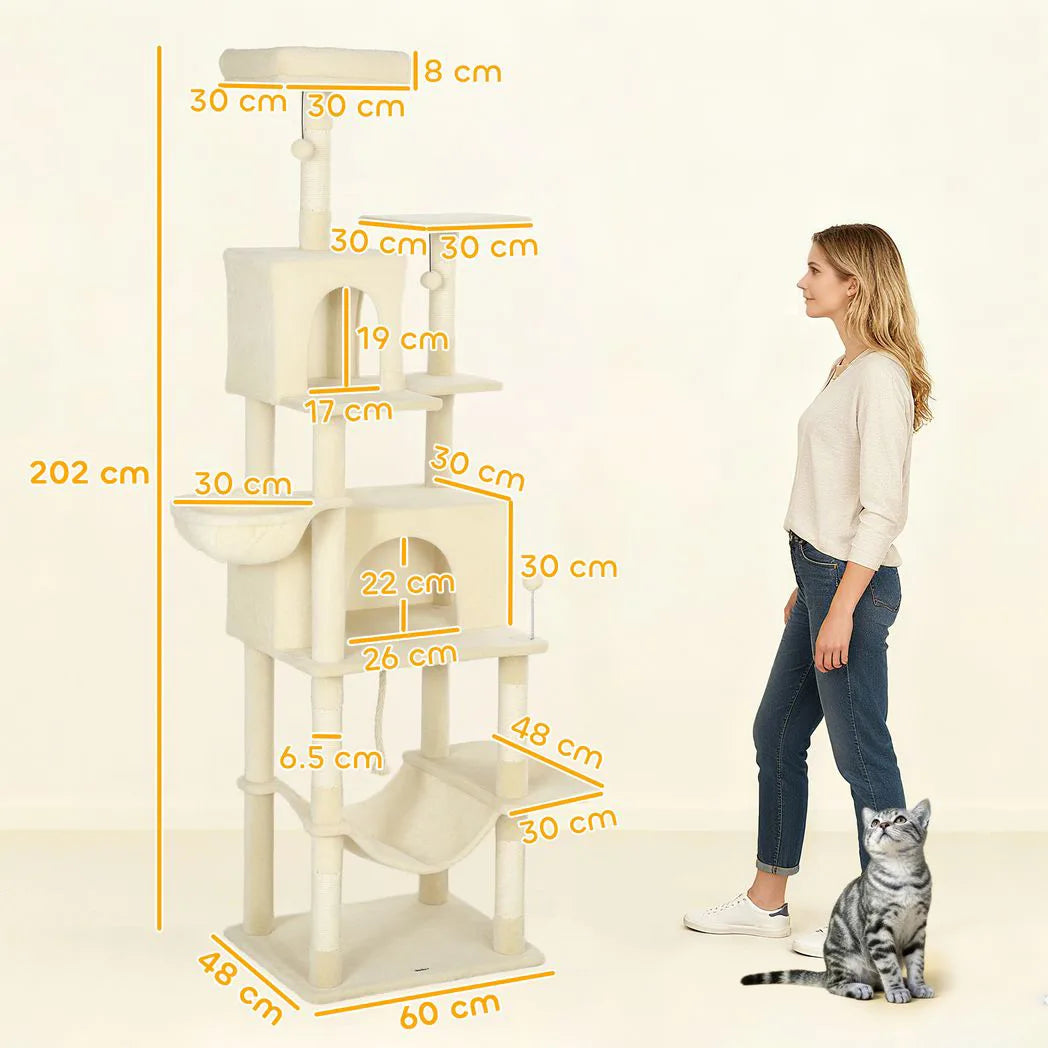 PawHut 202cm Cat Tree with 6 Scratching Posts, 2 Hammocks and 2 Condos – Cat Tower, Beige