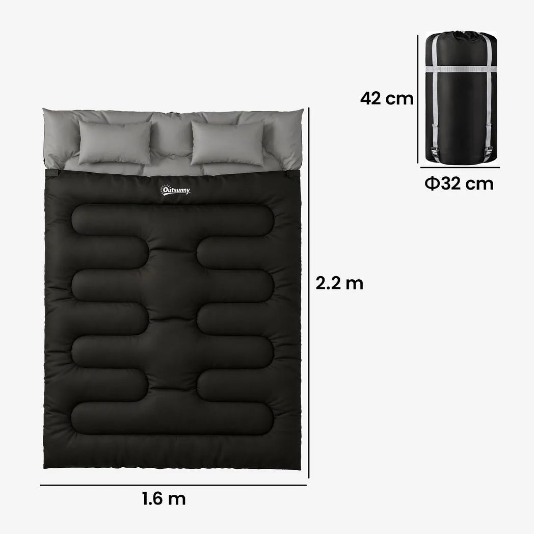 Outsunny Double Sleeping Bag with 2 Pillows, 220 x 160 cm – Extra-Large Convertible Camping Bag for Adults, Black