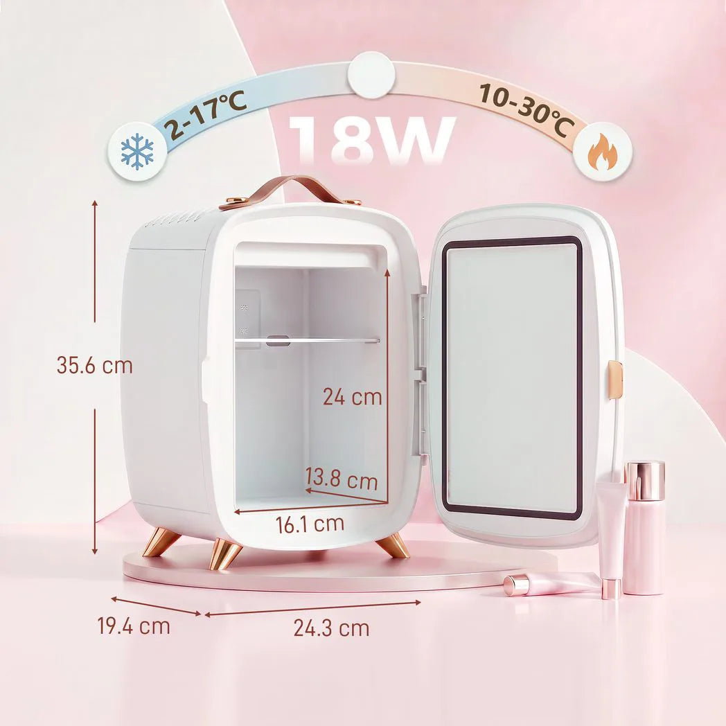 HOMCOM 6L Mini Skincare Fridge with LED Mirror and Touchscreen, Quiet 26dB Cooling – White