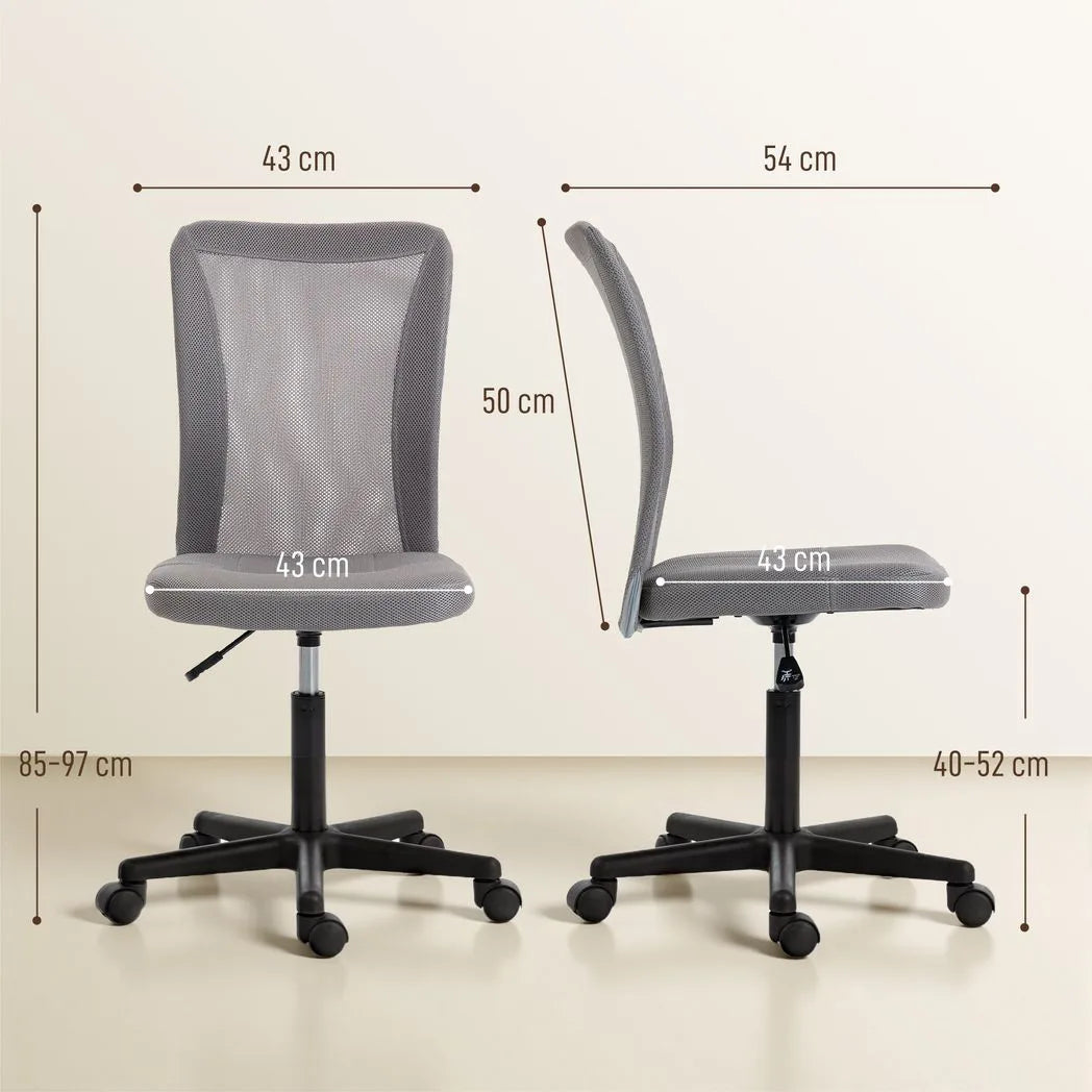 Vinsetto Armless Mesh Office Chair with Adjustable Height and 360° Swivel – Space-Saving Padded Study Chair, Grey
