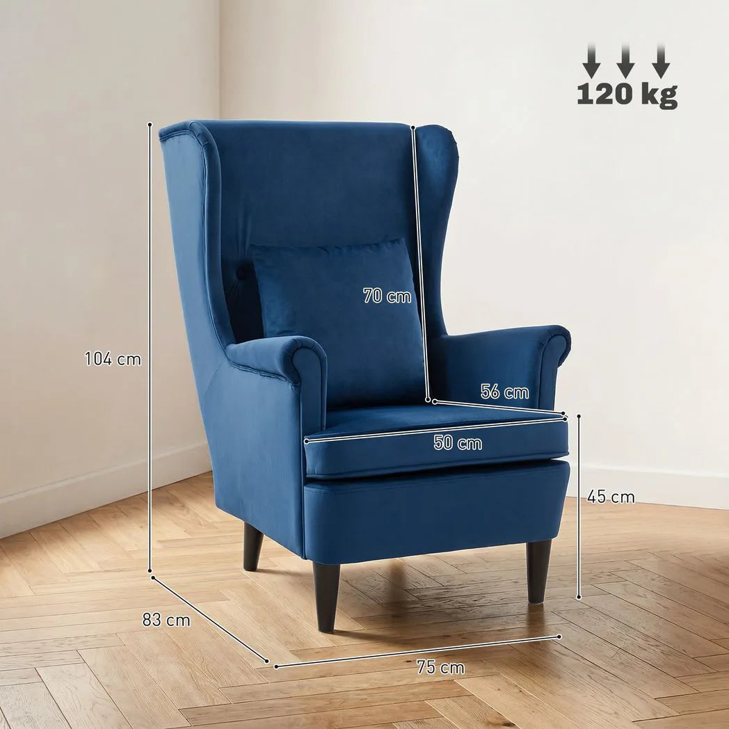 HOMCOM Wingback Accent Chair with High Backrest & Pillow – Velvet-Feel Reading Chair, Solid Wood Legs, Blue
