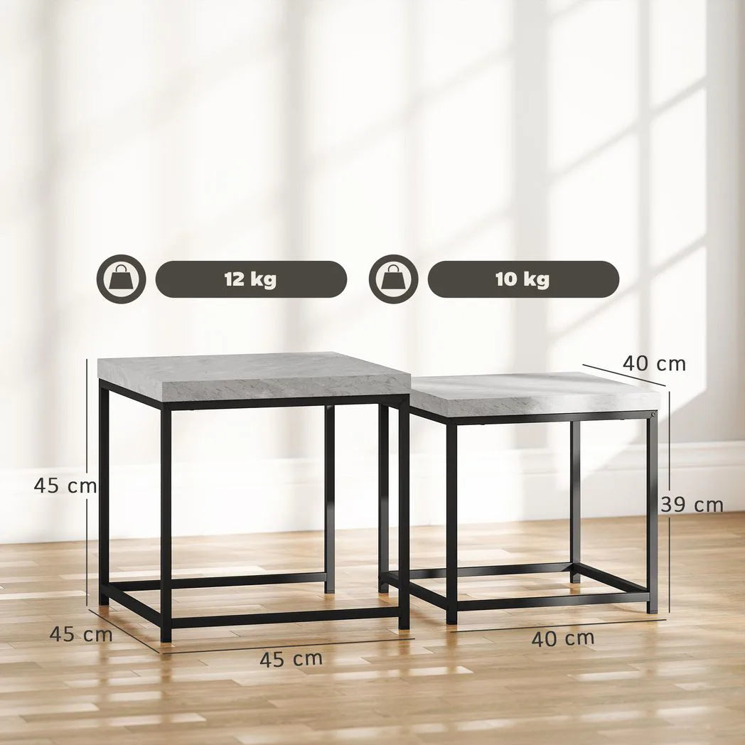 HOMCOM Coffee Table Set of 2 with 3.5cm Thick Tabletop – Square Nest of Tables, Grey