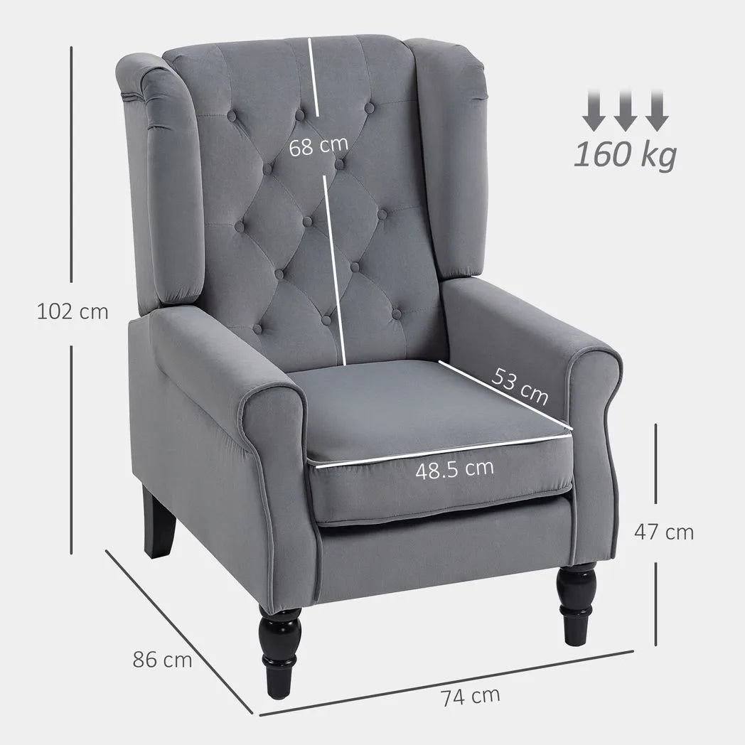 HOMCOM Retro Wingback Accent Chair with Button Tufting & Pocket Springs – Occasional Chair, Light Grey
