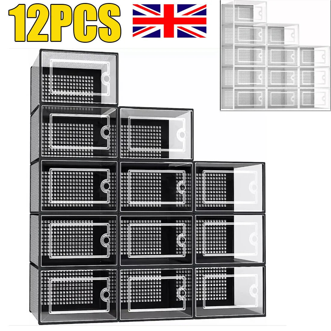 Set of 12 Stackable Clear-Door Shoe Boxes, Plastic Storage Bins, 33 x 23 x 14cm, Black