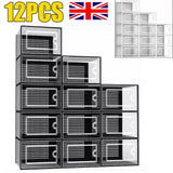 Set of 12 Stackable Clear-Door Shoe Boxes, Plastic Storage Bins, 33 x 23 x 14cm, Black