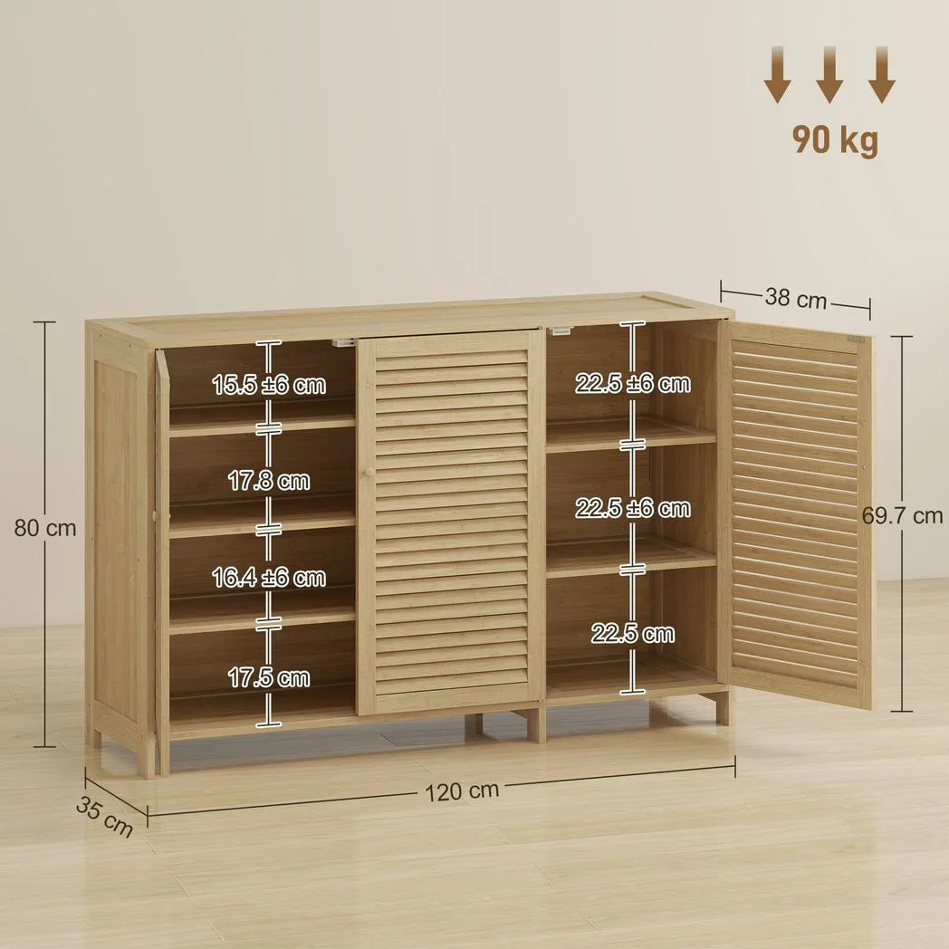HOMCOM Bamboo Shoe Cabinet with Louvred Doors and Adjustable Shelves – Holds 18 Pairs, Natural
