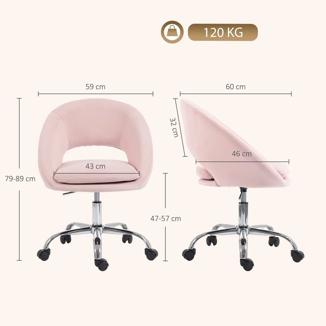 HOMCOM Velvet Desk Chair with Height-Adjustable Seat and Swivel Wheels – Modern Home Study Office Chair, Pink