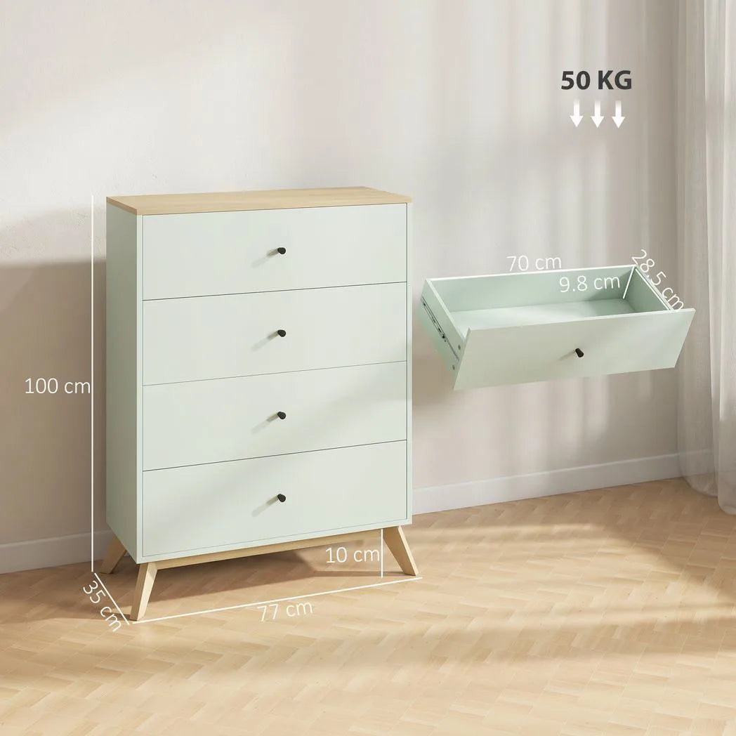 HOMCOM 4 Drawer Chest of Drawers with Black Handles – Bedroom and Living Room Storage, Light Green and Oak