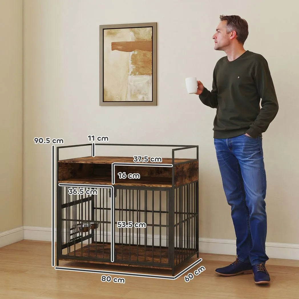 PawHut Dog Crate Furniture with Rotatable Feeding Station and Shelves – Indoor End Table Kennel, Brown