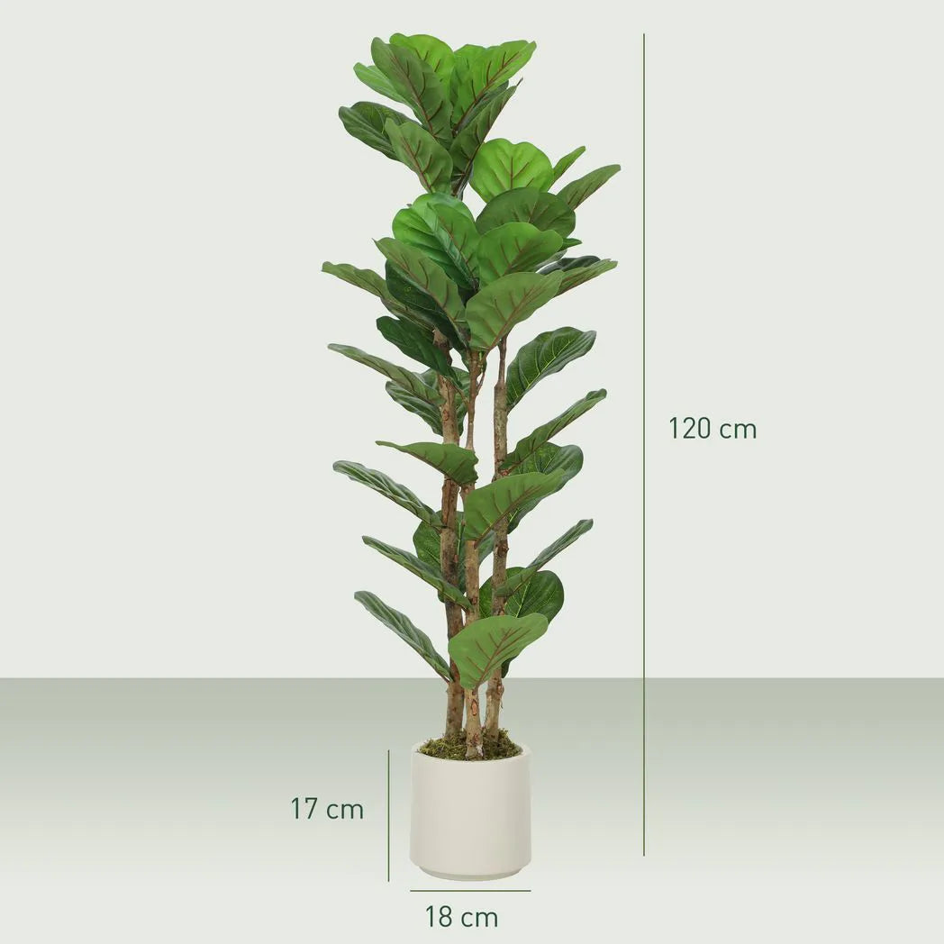 HOMCOM 120cm Artificial Fiddle Leaf Fig Tree with White Pot – Lifelike Faux Plant for Home & Office, Green