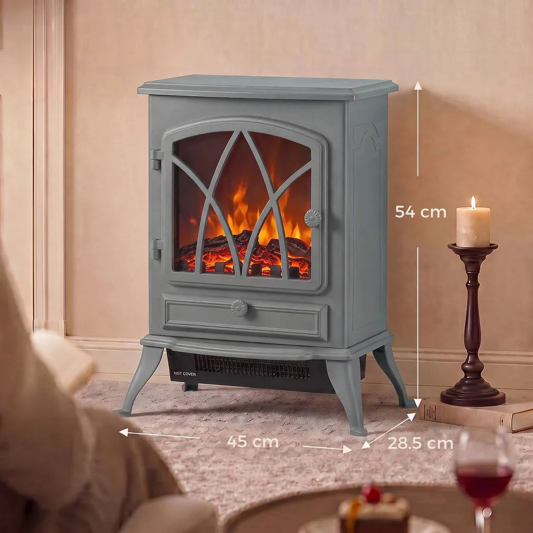 HOMCOM Vintage Electric Fireplace Stove, 1000W/2000W Freestanding with LED Flame and Thermostat – Grey