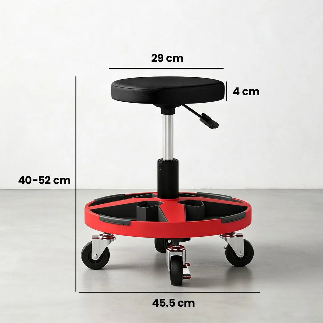 HOMCOM Rolling Mechanic Stool with Tool Tray, 40-52cm Adjustable Height, 135kg – Padded Workshop Seat, Black