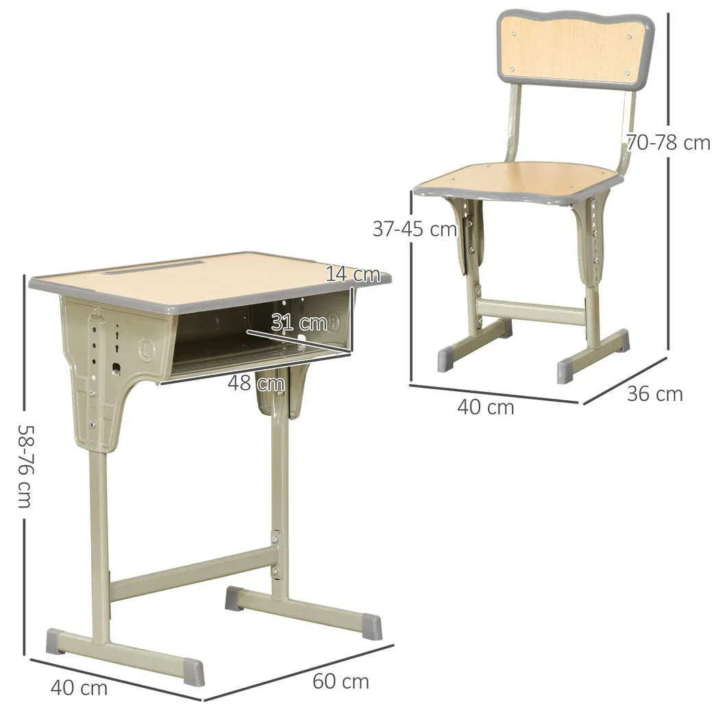 HOMCOM Height Adjustable Kids Desk and Chair Set with Storage, Bag Hook & Pen Holder – Ages 6-12, Grey