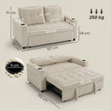 HOMCOM Corduroy Click Clack Sleeper Sofa Bed with Pull Out Design, 2 Seater, Cup Holders – Cream White