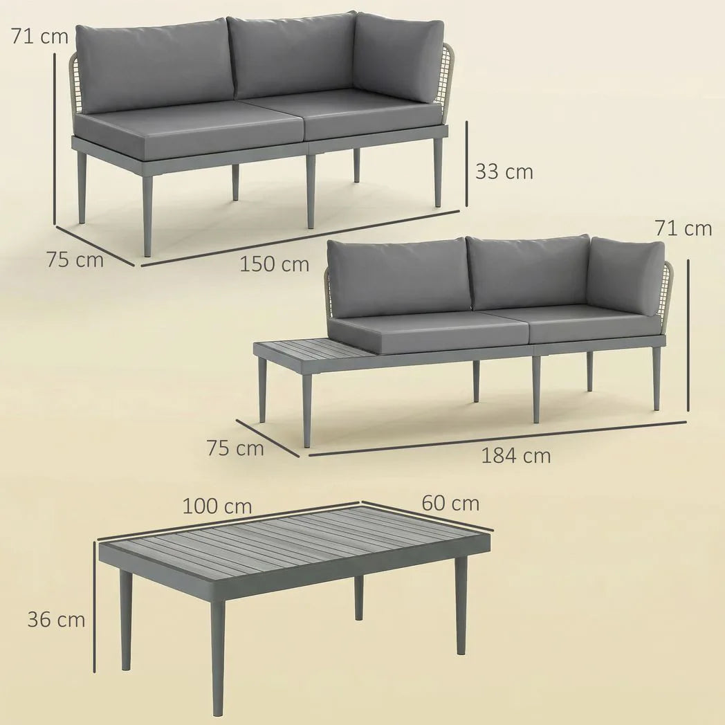 Outsunny Three-Piece L-Shaped Rattan Garden Sofa Set with Wood-Top Coffee Table and Thick Cushions – Grey