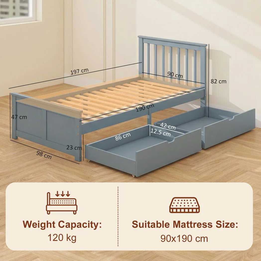 HOMCOM 3ft Single Pine Storage Bed Frame with 2 Wheeled Drawers, Headboard & Slats – Solid Wood, Grey