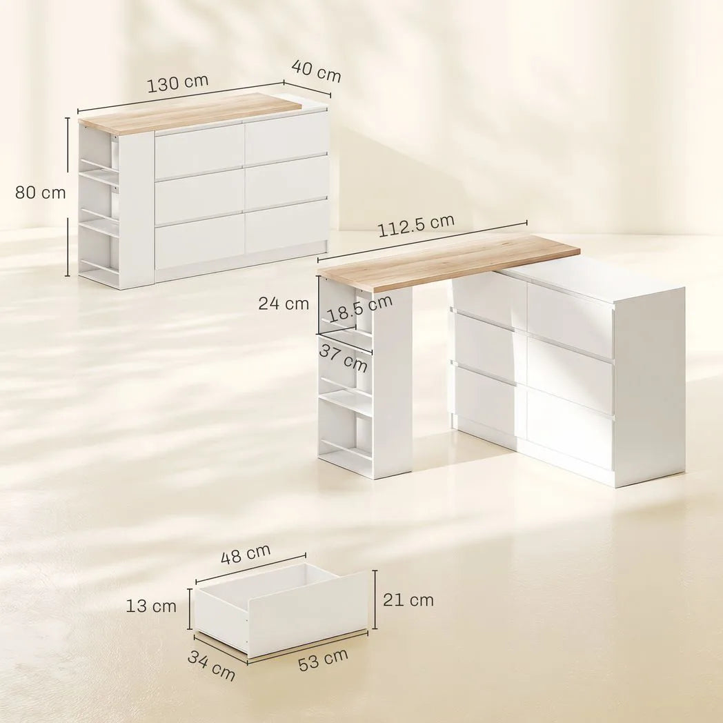 HOMCOM Vanity Dressing Table with 6 Drawers & 3-Tier Shelf – Flexible Straight or L-Shaped Layout Makeup Desk, White