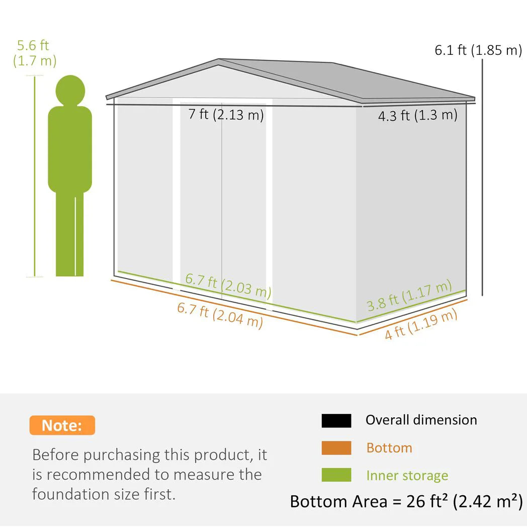 Outsunny 7 x 4ft Lockable Metal Garden Tool Shed with Foundation Kit & Sloping Roof – Light Grey