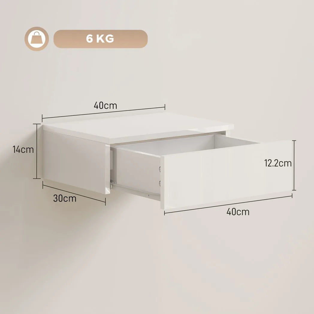 HOMCOM Set of 2 Floating Bedside Tables with High Gloss Finish and Storage Drawer – Wall-Mounted, White