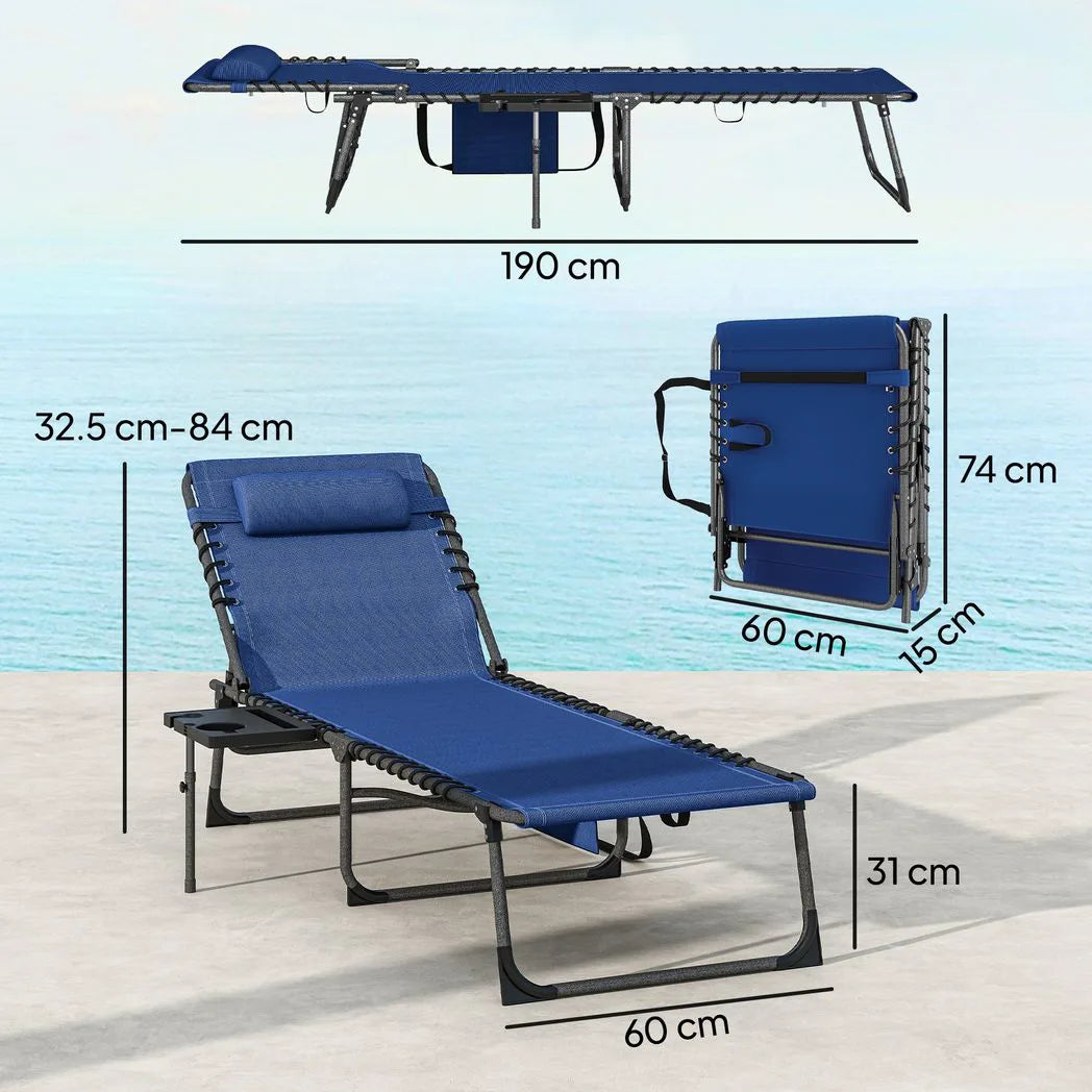 Outsunny Set of 2 Folding Sun Loungers, 5-Position Reclining with Pillow, Side Table and Pocket, Dark Blue