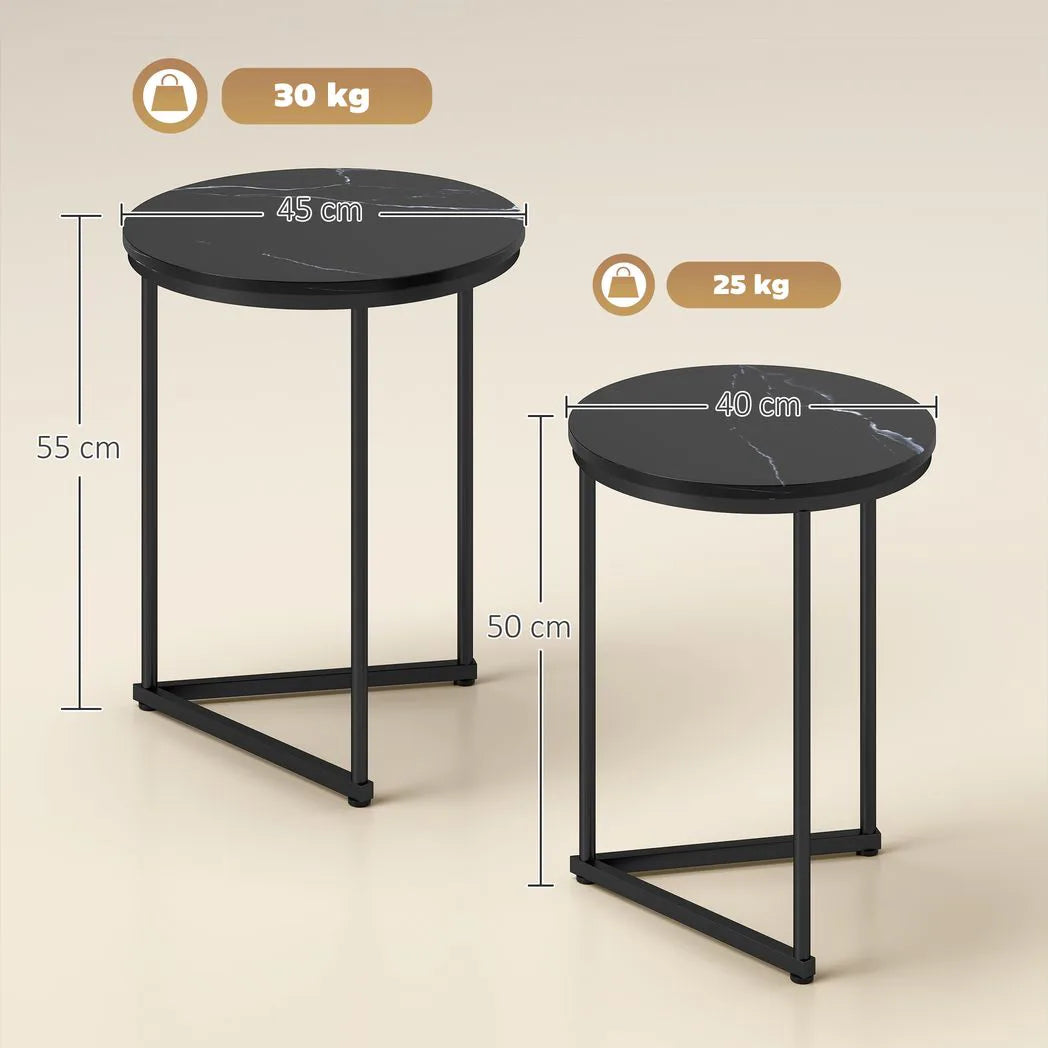 HOMCOM Set of Two Marble-Effect Nesting Tables with Black Steel Frames – Coffee and Side Tables, Black