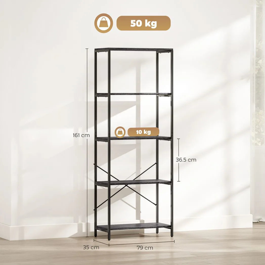 HOMCOM 5-Tier Industrial Bookcase with Metal Frame and Anti-Tipping Straps – Display Shelf, Dark Grey and Black