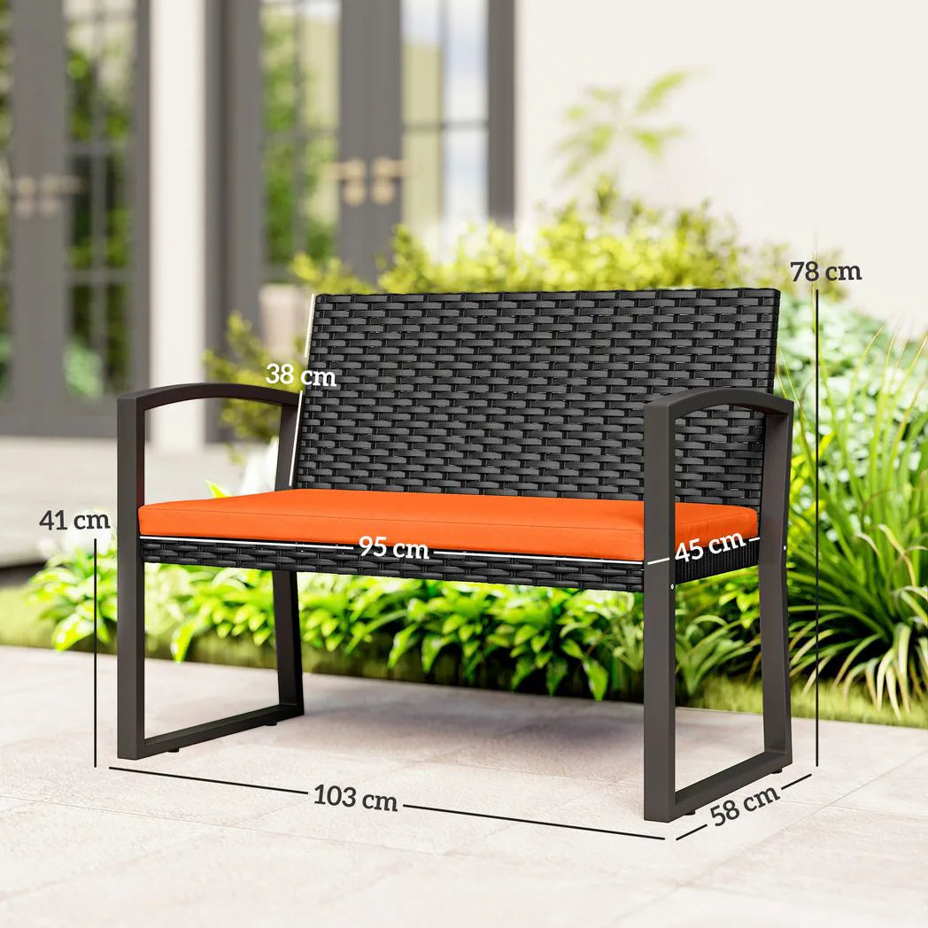 Outsunny 2 Seater Rattan Garden Bench with Padded Cushion, Orange